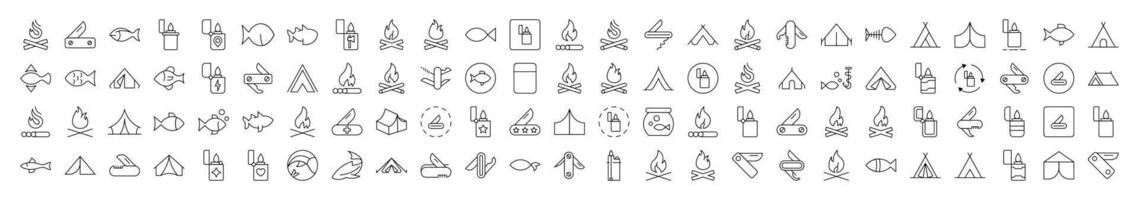 Camping Collection of Isolated Icons. Contains such Elements as Bonfire, Fish, Folding Knife, Tent, Lighter. It Can Be Used for Interface, Posts, Advertisements, Various Cards vector