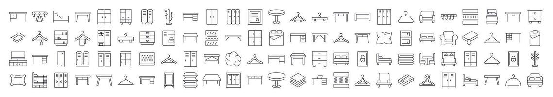 Line Icon Set of Furniture. Contains Icons of Bed, Table, Mattress, Coat Hook that Can Be Used for Design of Cards, Posts, Apps, Web Sites vector
