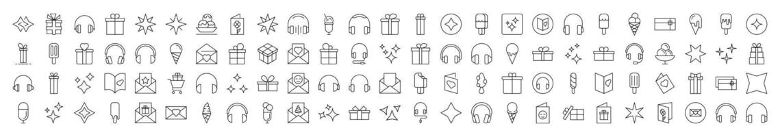 Party, Holiday, Headphones, Postcard Line Icon Set. Editable Stroke. Minimalistic Linear Pictogram for Design of Cards, Apps, Banners, Posts vector