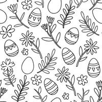 cute seamless pattern with easter eggs and flowers. simple print in doodle style. coloring book vector