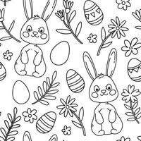 cute seamless pattern with easter bunny eggs and flowers. simple print in doodle style. coloring book vector
