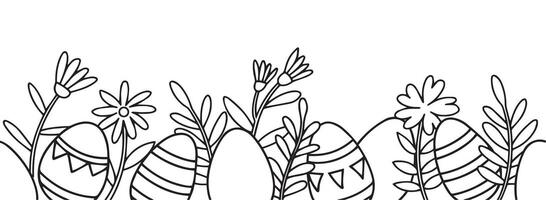 cute seamless border with easter eggs and flowers. simple frame in doodle style. coloring book vector