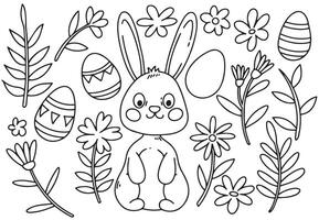 Easter set with eggs, bunny and flowers. simple illustration in doodle style, coloring book vector