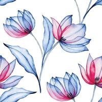 Watercolor seamless pattern of transparent tulips, x-ray. Pink and blue print vector