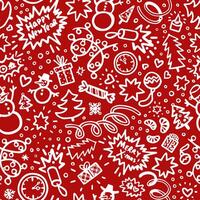 Seamless Christmas Pattern with White Hand-Drawn Festive Icons on a Red Background vector