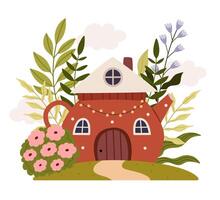 A fairy-tale house in the shape of a teapot.Cartoon fantasy house. vector