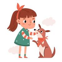 A cute girl is stroking a cheerful dog.The concept of emotional support for animals.The concept of the relationship between humans and their pets vector