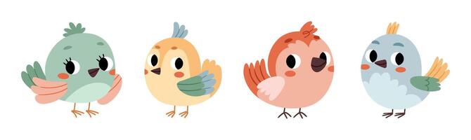 Set of cute round bird characters.Spring cute birds with red cheeks. Birds isolated on white background vector