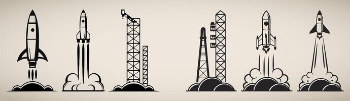 illustration showcasing various space rockets launching and launchpad structures in the context of space exploration vector