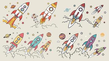 Spaceships launching into the cosmos, an astronaut floating among stars and planets, creating a playful and vibrant space exploration theme vector