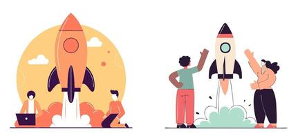 Diverse team launching rocket, symbolizing startup, innovation, and new business ventures vector