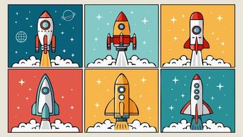 Six colorful rockets are launching from clouds of smoke, surrounded by stars and planets, representing startup, innovation, and exploration vector