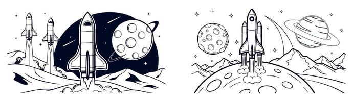 Spacecrafts blasting off from the lunar landscape with a backdrop of planets and stars vector