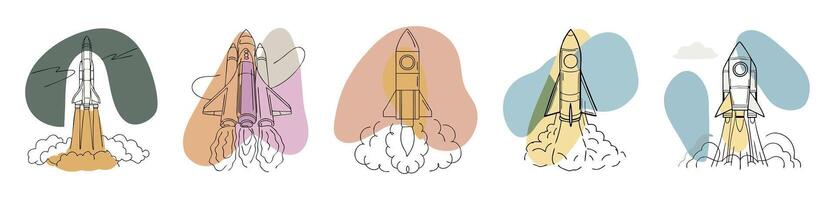 Five spaceships taking off, leaving a trail of smoke, with abstract shapes in the background vector