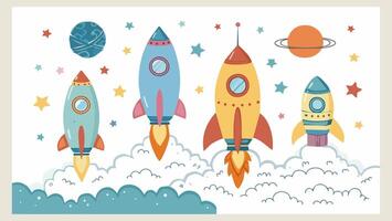 Four colorful rockets are launching into a starry sky with planets, creating a vibrant and playful space exploration scene vector