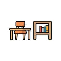 Desk and book shelf icon offers a fresh and functional aesthetic, perfect for modern workspace setups or study-focused projects. vector