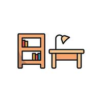 Desk and book shelf icon embodies a warm and practical touch, ideal for enhancing furniture catalogs or lifestyle blogs. vector