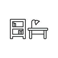 Desk and book shelf icon highlights a timeless and practical aesthetic, ideal for showcasing professional and creative environments. vector