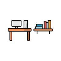 Desk and book shelf icon features a cozy and inviting look, ideal for branding related to libraries, reading spaces, or creative work. vector