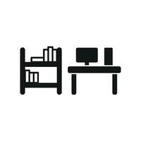 Desk and book shelf icon features a functional and aesthetic style, perfect for productivity tools or organizational apps. vector