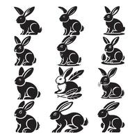Isolated rabbit shadow on white background, set of different rabbit silhouettes for design use. vector