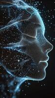 Digital artistry showcases a luminous female face formed by flowing particles in dark space photo