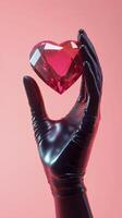 Heart shaped ruby held by a gloved hand against a pink background in artistic display photo