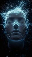 Digital artistry showcases a luminous female face formed by flowing particles in dark space photo
