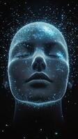 Digital artistry showcases a luminous female face formed by flowing particles in dark space photo