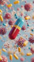 Colorful capsule suspended among vibrant microbes in a scientific representation of health photo
