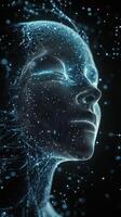 Digital artistry showcases a luminous female face formed by flowing particles in dark space photo