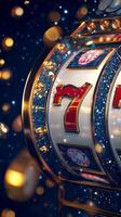 Bright and colorful slot machine spinning with winning symbols at a lively casino photo