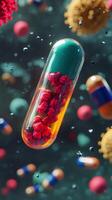 Colorful capsule suspended among vibrant microbes in a scientific representation of health photo