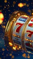 Bright and colorful slot machine spinning with winning symbols at a lively casino photo