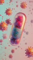 Colorful capsule suspended among vibrant microbes in a scientific representation of health photo
