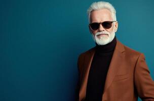 An elderly man exudes confidence and style, dressed in a brown blazer and a turtleneck sweater photo