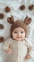 Baby wearing cute knitted reindeer hat among pine cones and soft bedding in cozy setting photo