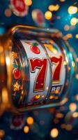 Bright and colorful slot machine spinning with winning symbols at a lively casino photo