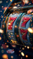 Bright and colorful slot machine spinning with winning symbols at a lively casino photo