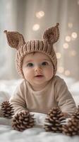 Baby wearing cute knitted reindeer hat among pine cones and soft bedding in cozy setting photo