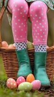 Colorful eggs surround a child wearing polka dot leggings in a garden on a sunny day photo