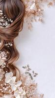 Elegant hairstyle adorned with delicate flowers on a neutral background photo