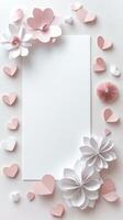 Decorative paper flowers and hearts surrounding a blank white sheet on a light background photo