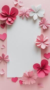 Decorative paper flowers and hearts surrounding a blank white sheet on a light background photo