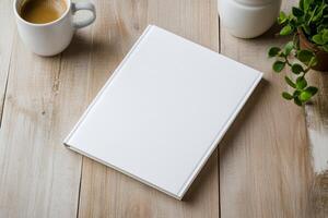 Blank notebook positioned between two coffee cups with plants on a wooden table photo