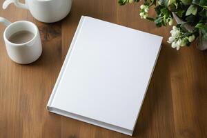 Blank notebook positioned between two coffee cups with plants on a wooden table photo