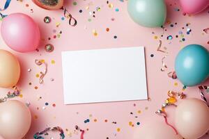 Colorful celebration setup with balloons and confetti on a pink background for party invitations photo