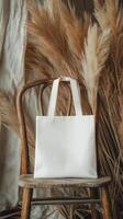 White tote bag placed on a wooden chair amidst dry grass in a tranquil outdoor setting photo
