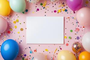 Colorful celebration setup with balloons and confetti on a pink background for party invitations photo