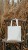 White tote bag placed on a wooden chair amidst dry grass in a tranquil outdoor setting photo